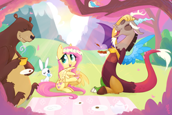 Size: 1024x682 | Tagged: safe, artist:meekcheep, angel bunny, discord, fluttershy, harry, bear, bird, draconequus, pegasus, pony, g4, cookie, eyes closed, female, floral head wreath, laughing, male, mare, open mouth, open smile, picnic, picnic blanket, signature, smiling, tea, tea party, teacup, teapot