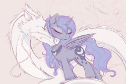Size: 4500x3000 | Tagged: safe, artist:magnaluna, princess luna, oc, oc:zefiroth, alicorn, dragon, blushing, canon x oc, cuddling, ethereal mane, eyes closed, female, fluffy, mare, shipping, simple background, smiling, snuggling, starry mane, zoom layer