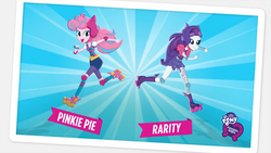 Size: 1079x607 | Tagged: safe, screencap, pinkie pie, rarity, equestria girls, g4, my little pony equestria girls: friendship games, commercial, duo, female, happy, looking at you, my little pony logo, skating, solo, unleash the magic (commercial), youtube link