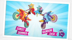 Size: 1079x607 | Tagged: safe, screencap, rainbow dash, sunset shimmer, equestria girls, g4, my little pony equestria girls: friendship games, duo, female, motorcycle
