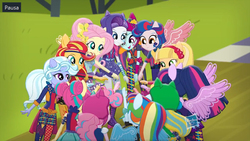 Size: 1079x607 | Tagged: safe, screencap, applejack, fluttershy, indigo zap, lemon zest, pinkie pie, rainbow dash, rarity, sci-twi, sour sweet, sugarcoat, sunny flare, sunset shimmer, twilight sparkle, human, equestria girls, g4, my little pony equestria girls: friendship games, commercial, crystal prep academy, crystal prep shadowbolts, female, group, humane five, humane seven, humane six, ponied up, shadow six, unleash the magic (commercial), wondercolts