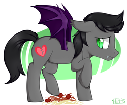 Size: 930x770 | Tagged: safe, artist:higglytownhero, oc, oc only, oc:aux, bat pony, pony, male, solo, spaghetti, stallion