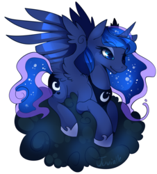 Size: 596x658 | Tagged: dead source, safe, artist:juvialle, princess luna, alicorn, pony, g4, luna eclipsed, cloud, commission, cutie mark, female, hooves, horn, lying down, lying on a cloud, mare, on a cloud, prone, simple background, solo, spread wings, transparent background, wings
