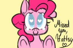 Size: 843x561 | Tagged: safe, artist:whale, pinkie pie, oc, oc:hattsy, g4, crying, heart, smiling, solo, tears of joy