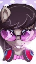 Size: 640x1136 | Tagged: safe, artist:romus91, artist:vicse, octavia melody, earth pony, pony, g4, accessory swap, cropped, female, front view, full face view, glasses, grin, headphones, mare, portrait, smiling, solo