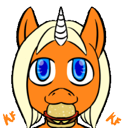 Size: 287x294 | Tagged: safe, artist:citrine topaz, oc, oc only, oc:dreamsicle, animated, bacon cheeseburger, cheeseburger, ponies eating meat, solo