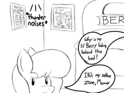 Size: 1024x768 | Tagged: safe, artist:xwoofyhoundx, oc, oc only, oc:nurse berry, dialogue, fear of thunder, hiding, monochrome, scared, sketch, solo, thunder, younger