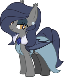 Size: 2478x2959 | Tagged: safe, artist:duskthebatpack, oc, oc only, oc:vibrant vision, bat pony, pony, bedroom eyes, clothes, dress, earring, elegant, eyeshadow, female, fur scarf, looking at you, mare, piercing, simple background, smiling, socks, solo, thigh highs, transparent background, vector