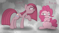 Size: 1250x700 | Tagged: safe, artist:fakskis, pinkie pie, g4, angry, annoyed, annoying, belly button, crossed arms, duality, featureless crotch, grumpy, pinkamena diane pie, u mad