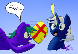Size: 1280x900 | Tagged: safe, artist:gift, oc, oc only, oc:night hook, oc:nighthook, oc:wishdreamstar, pegasus, pony, unicorn, birthday, birthday gift, blue, funny, present, purple