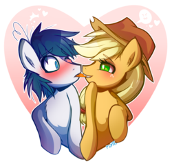 Size: 909x879 | Tagged: safe, artist:mimtii, applejack, oc, oc:constance everheart, g4, >:3, biting, blushing, canon x oc, commission, everjack, heart, shipping, tongue bite