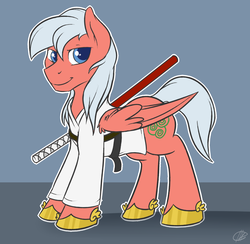 Size: 1200x1172 | Tagged: safe, artist:meggchan, oc, oc only, oc:rai, pegasus, pony, clothes, commission, katana, looking at you, samurai, shirt, smiling, solo, sword, weapon