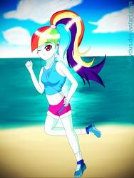 Size: 1536x2048 | Tagged: safe, artist:fluffydus, rainbow dash, equestria girls, g4, beach, belly button, clothes, earbuds, female, jogging, looking at you, midriff, shorts, smiling, sneakers, solo, tank top, wink