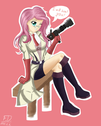 Size: 1636x2048 | Tagged: safe, artist:fluffydus, fluttershy, human, g4, bench, boots, clothes, crossed legs, female, fluttermedic, glasses, gloves, humanized, looking at you, medic, medic (tf2), medigun, necktie, red, sitting, skirt, smiling, solo, speech bubble, team fortress 2, wink
