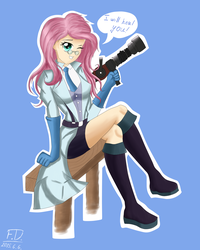 Size: 1636x2048 | Tagged: safe, artist:fluffydus, fluttershy, human, g4, bench, blu, boots, clothes, crossed legs, female, fluttermedic, glasses, gloves, humanized, looking at you, medic, medic (tf2), medigun, necktie, sitting, skirt, smiling, solo, speech bubble, team fortress 2, wink