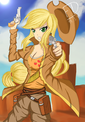 Size: 1800x2600 | Tagged: safe, artist:fluffydus, applejack, human, g4, angry, bandolier, cleavage, clothes, cowboy hat, female, gun, hat, humanized, looking at you, revolver, satchel, solo