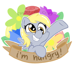 Size: 1000x879 | Tagged: safe, artist:coggler, artist:frog&cog, artist:gopherfrog, derpy hooves, pegasus, pony, g4, banner, female, flower, hungry, mare, solo