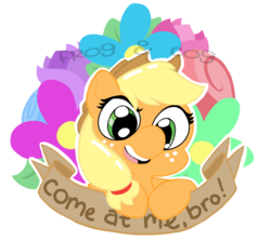 Size: 905x807 | Tagged: safe, artist:coggler, artist:frog&cog, artist:gopherfrog, applejack, g4, banner, come at me bro, female, flower, mouthpiece, rude, solo, subversive kawaii