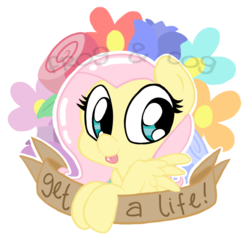 Size: 877x836 | Tagged: safe, artist:coggler, artist:frog&cog, artist:gopherfrog, fluttershy, g4, banner, female, flower, mouthpiece, rude, solo, subversive kawaii