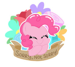 Size: 1000x899 | Tagged: safe, artist:coggler, artist:frog&cog, artist:gopherfrog, pinkie pie, g4, banner, cute, diapinkes, female, flower, mouthpiece, rude, solo, sorry not sorry, subversive kawaii