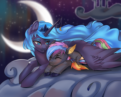 Size: 2500x2000 | Tagged: safe, artist:santagiera, princess luna, oc, oc:prismatic shard, bat pony, pony, g4, cloud, crescent moon, cute, cute little fangs, duo, female, filly, high res, maternaluna, moon, sleeping, transparent moon, wing blanket