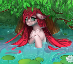 Size: 3300x2900 | Tagged: safe, artist:santagiera, oc, oc only, oc:ruby, fish, pony, g4, cottagecore, cute, female, high res, lilypad, mare, outdoors, solo, tree, water, wet, wet mane