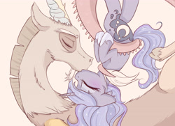 Size: 4700x3400 | Tagged: safe, artist:magnaluna, discord, princess luna, blushing, ethereal mane, eyes closed, female, kissing, lunacord, male, shipping, simple background, starry mane, straight, upside down, white background, wingless