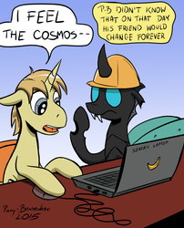 Size: 711x880 | Tagged: safe, artist:pony-berserker, oc, oc only, oc:berzie, oc:szafalesiaka, changeling, pony, unicorn, banana, computer, hard hat, hat, katamari damacy, laptop computer