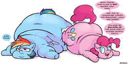 Size: 1280x640 | Tagged: safe, artist:paupoepic, pinkie pie, rainbow dash, pony, g4, butt, butt envy, chubby cheeks, double chin, fat, female, grumpy, impossibly large butt, impossibly wide hips, lazy, mare, obese, piggy pie, plot, prone, pudgy pie, rainblob dash, stuffed, weight gain, wide hips