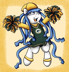 Size: 1231x1280 | Tagged: safe, artist:graphene, pony, american football, anklet, bipedal, cheering, cheerleader, clothes, cute, dreadlocks, dress, eyes closed, green bay packers, gridiron football, happy, ika musume, nfl, open mouth, pom pom, ponified, shirt, simple background, smiling, solo, squid girl