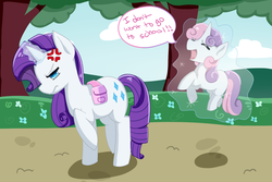 Size: 1500x1000 | Tagged: safe, artist:wisheslotus, rarity, sweetie belle, pony, unicorn, g4, bag, blank flank, cross-popping veins, cute, dialogue, emanata, eyes closed, female, filly, foal, frustrated, glowing, glowing horn, horn, magic, magic aura, mare, open mouth, rarity is not amused, saddle bag, siblings, sisters, speech bubble, talking, telekinesis, tree, unamused, vein, yelling