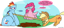 Size: 1280x562 | Tagged: safe, artist:paupoepic, applejack, pinkie pie, rainbow dash, g4, ..., chubby, fat, grumpy, piggy pie, pudgy pie, rainblob dash, rope, sweat, tug of war, weight gain