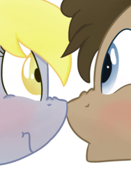Size: 768x1024 | Tagged: safe, artist:leetle-pink-fudge, derpy hooves, doctor whooves, time turner, earth pony, pony, g4, :o, :t, blushing, boop, cute, eye contact, frown, looking at each other, male, nose wrinkle, noseboop, scrunchy face, ship:doctorderpy, shipping, simple background, stallion, straight, transparent background, wide eyes