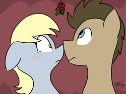 Size: 1478x1106 | Tagged: safe, artist:leetle-pink-fudge, derpy hooves, doctor whooves, time turner, earth pony, pony, g4, blushing, christmas, holly, holly mistaken for mistletoe, male, ship:doctorderpy, shipping, stallion, straight