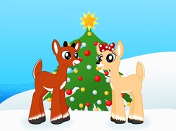 Size: 800x594 | Tagged: safe, artist:gitzyrulz, deer, reindeer, barely pony related, christmas tree, clarice, ponified, rudolph, rudolph the red nosed reindeer, tree