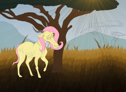 Size: 1024x745 | Tagged: safe, artist:inurantchan, fluttershy, antelope, g4, ambiguous gender, hirola, solo, species swap, tree