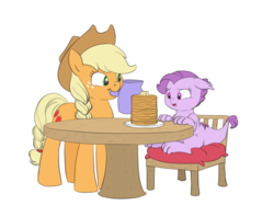 Size: 1138x900 | Tagged: safe, artist:carnifex, edit, applejack, oc, oc:lavender, dracony, hybrid, g4, cute, face swap, floppy ears, interspecies offspring, jackabetes, mouth hold, ocbetes, offspring, pancakes, parent:rarity, parent:spike, parents:sparity, simple background, transparent background