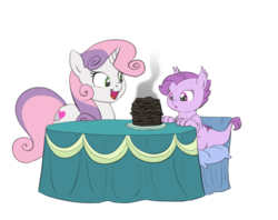 Size: 1138x900 | Tagged: safe, artist:carnifex, edit, sweetie belle, oc, oc:lavender, dracony, hybrid, g4, aunt, aunt and niece, burned, burnt, cute, diasweetes, epic fail, face swap, interspecies offspring, lavandorable, ocbetes, offspring, older, older sweetie belle, pancakes, parent:rarity, parent:spike, parents:sparity, simple background, sweetie belle can't cook, sweetie fail, transparent background