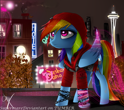 Size: 1774x1574 | Tagged: safe, artist:supermare, pinkie pie, rainbow dash, g4, beanie, chains, clothes, crossover, delsin rowe, female, hat, infamous, infamous second son, night, seattle, solo, space needle, video game