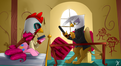 Size: 1968x1081 | Tagged: safe, artist:supermare, gilda, pinkie pie, earth pony, griffon, pony, g4, bonnie mcgee, clothes, commission, crossover, female, gun, hotline miami, jacket, jacket (hotline miami), john wick, mare, mask, payday, payday 2, pistol, varsity jacket, weapon