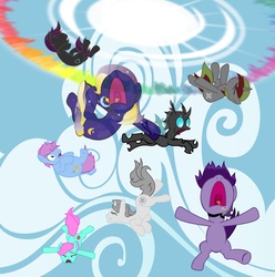 Size: 2048x2065 | Tagged: safe, changeling, earth pony, pony, unicorn, falling, fanfic art, high res, human to pony, nose in the air, screaming, sonic rainboom
