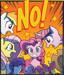 Size: 634x745 | Tagged: safe, artist:tony fleecs, edit, idw, official comic, apple bloom, applejack, fluttershy, pinkie pie, rainbow dash, rarity, scootaloo, sweetie belle, twilight sparkle, alicorn, earth pony, pony, friendship is magic #33, g4, night of the living apples, spoiler:comic, cropped, cutie mark crusaders, female, filly, foal, mane six, mare, no, twilight sparkle (alicorn)