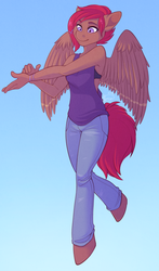 Size: 588x1000 | Tagged: safe, artist:minettefraise, oc, oc only, oc:red velvet, pegasus, anthro, unguligrade anthro, clothes, jeans, solo