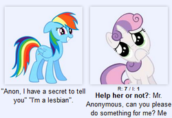 Size: 332x228 | Tagged: safe, rainbow dash, sweetie belle, g4, /mlp/, 4chan, 4chan screencap, female, juxtaposition, lesbian, stereotype