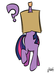 Size: 647x873 | Tagged: artist needed, safe, twilight sparkle, g4, cork, dork, female, horn, horn guard, paper bag, question mark, raised hoof, solo