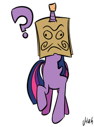 Size: 647x873 | Tagged: artist needed, safe, twilight sparkle, g4, cork, dork, female, horn, horn guard, paper bag, question mark, raised hoof, solo