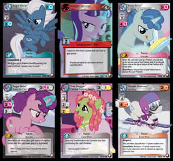 Size: 1074x1000 | Tagged: safe, double diamond, night glider, party favor, starlight glimmer, sugar belle, tree hugger, earth pony, pegasus, pony, unicorn, g4, make new friends but keep discord, the cutie map, ccg, enterplay, equal four, equestrian odysseys, female, helmet, male, mare, skis, stallion