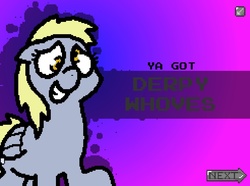 Size: 916x680 | Tagged: safe, artist:pokehidden, derpy hooves, pegasus, pony, banned from equestria daily, g4, spoiler:banned from equestria daily 1.5, cute, fan game, female, floppy ears, game, grin, mare, raised hoof, smiling, solo, splash art, squee, ya got