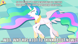 Size: 1280x720 | Tagged: safe, edit, edited screencap, screencap, princess celestia, a canterlot wedding, g4, caption, celestia hate, image macro, meme, op is a duck, op is trying to start shit, text, worfed