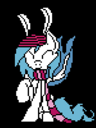 Size: 374x500 | Tagged: safe, artist:sniperwaffle115, oc, oc only, oc:laser beam, mothpony, original species, beanie, black background, clothes, cute, eyes closed, happy, hat, male, pixel art, raised hoof, scarf, simple background, sitting, smiling, solo, stallion